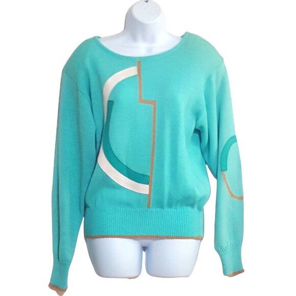 Vintage 80s Jaymee Papell Womens Pull Over Sweater Leather Trim Blue Long Sleeve - Picture 1 of 8